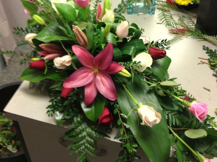Pink and Red Lilly and Rose Casket Spray