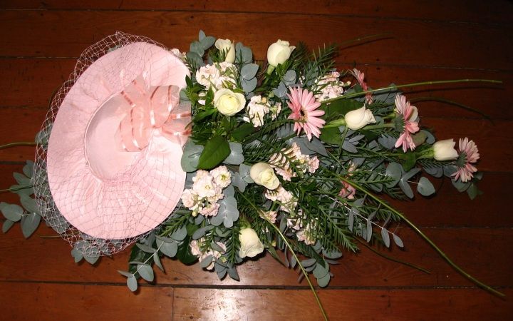 Gerberas, Eucalyptus, Roses and Stock with Personal Touch - Wedding Hat